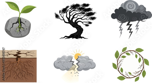 Icons depicting a sprout growing from a rock, a wind-blown tree, a thunderstorm cloud, deep roots, and a nature wreath.