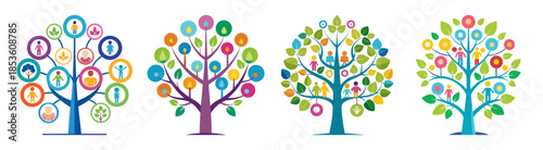 Colorful family values tree art with icons symbolizing growth and connection