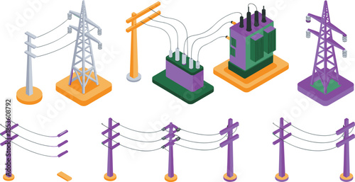 Isometric electrical power infrastructure illustration set, transmission towers utility poles transformers, electricity distribution network, energy grid components, vector design