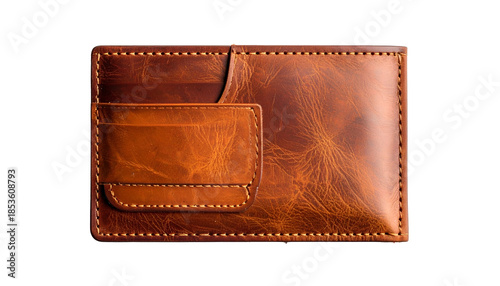 Detailed image of a weathered brown leather wallet with a cardholder on the left