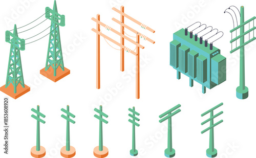 Isometric electrical power infrastructure illustration set, transmission towers utility poles transformers, electricity distribution network, energy grid components, vector design