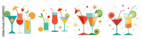 A festive collection of colorful cocktails with garnishes