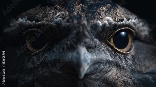 Mesmerizing Close-Up of a Nocturnal Bird's Intense Gaze in Darkness