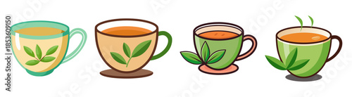 Four different cups of herbal tea with steaming aroma
