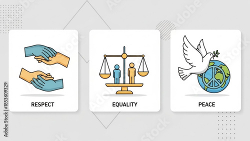 Respect, equality, and peace symbols, handshakes, scales, dove