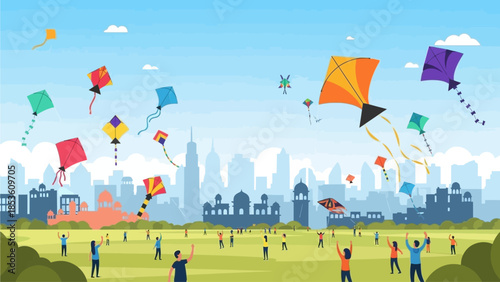 This flat design illustration captures the vibrant energy of the International Kite Festival 2026 in India, showcasing numerous colorful kites against a stylized city skyline.