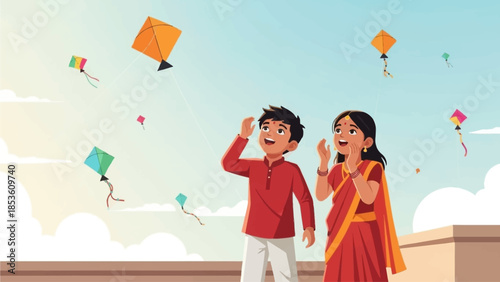 This flat design illustration depicts two joyful Indian children gazing up at numerous colorful kites during the International Kite Festival 2026. It beautifully conveys a sense of wonder and happines