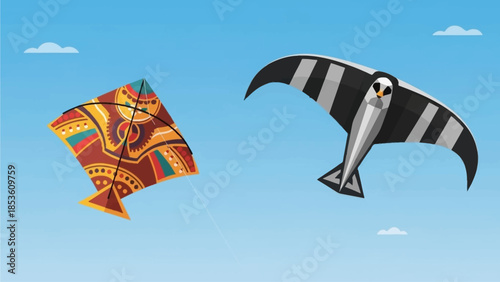 This flat design illustration visually contrasts a traditional Indian patang kite with a modern international sport kite, both gracefully soaring in the sky.
