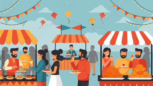 A vibrant flat design illustration captures the lively atmosphere of the International Kite Festival 2026 in India, featuring stylized food stalls and happy people enjoying traditional snacks. 