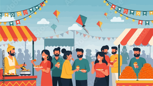 A vibrant flat design illustration captures the lively atmosphere of the International Kite Festival 2026 in India, featuring stylized food stalls and happy people enjoying traditional snacks. 