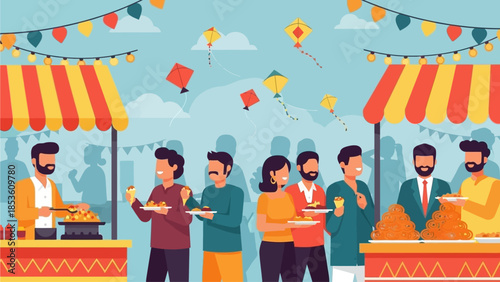 A vibrant flat design illustration captures the lively atmosphere of the International Kite Festival 2026 in India, featuring stylized food stalls and happy people enjoying traditional snacks. 