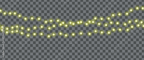 Christmas lights isolated. Glowing garlands on transparent dark background. Realistic luminous elements. Bright light bulbs for poster, card, brochure or web. Vector illustration