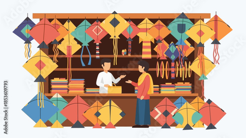A charming flat design illustration featuring a colorful Indian kite shop or vendor stall, showcasing a vibrant array of traditional and modern kites. 