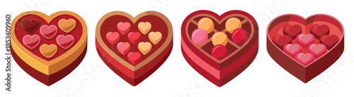 Four heart shaped boxes filled with delicious chocolates for valentine's day