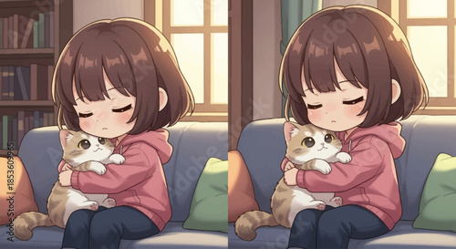 Cute Chibi Girl Hugging Kitten on Sofa