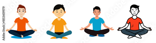Four stylized people meditating in a relaxed cross-legged pose
