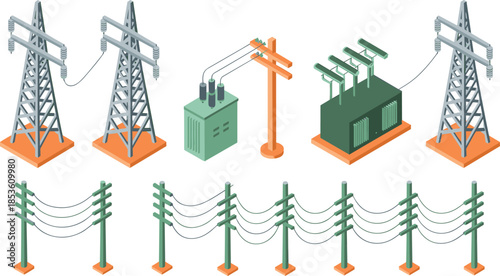 Isometric electrical infrastructure icons set, power poles pylons transformers, electricity transmission and distribution network, utility grid elements, vector illustration