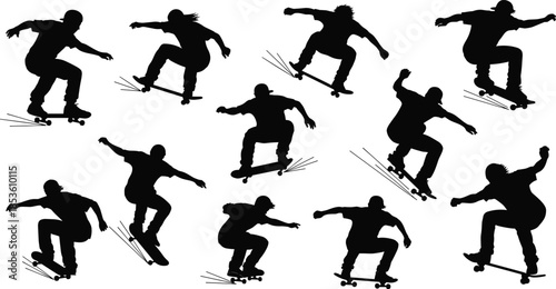 Skateboarding, trick, silhouette, posture, gesture, jump, motion, setup, vector, black, pose, flavector, minimal, sport, action, impact, aerial, maneuver, dynamic, youth, culture