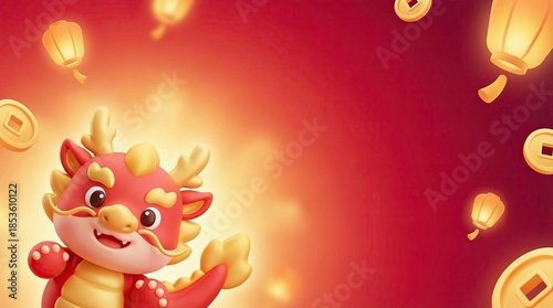 Cute Dragon Character Celebrating New Year Festivities, Cute Dragon Chinese New Year 3D Illustration with Lanterns, Cute Dragon Festival Character, Cute Dragon Zodiac Celebration Background