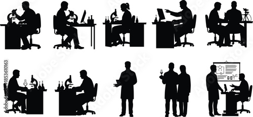 Science, research, lab, silhouette, posture, gesture, microscope, glassware, computer, board, setup, teamwork, vector, black, pose, flavector, minimal, experiment, analysis, collaboration