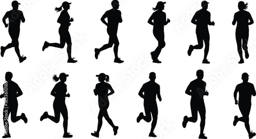 Running, silhouette, posture, gesture, athlete, motion, sprint, jog, dynamic, setup, sport, vector, black, pose, flavector, minimal, fitness, movement, track, active