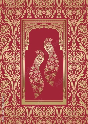 peacocks, feathers ,wedding card design, royal India	