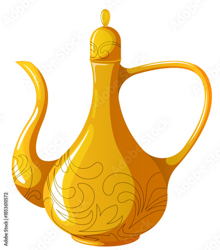 Golden Arabic Coffee Pot Dallah Illustration, Traditional Islamic Teapot with Ornate Engravings Isolated Illustration for Ramadan Hospitality