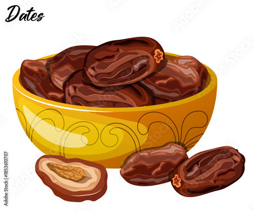 Organic Dried Dates in Ornate Golden Bowl, Healthy Sweet Fruit for Ramadan Iftar, Halal Food Vector Illustration