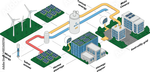 Isometric sustainable energy system illustration, solar wind power generation, smart grid storage distribution, renewable electricity infrastructure, clean energy concept