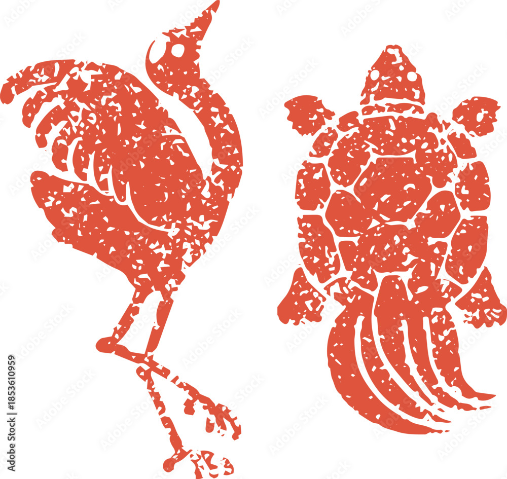 Obraz premium Japanese New Year lucky charm illustration set: Crane and turtle. Traditional monochrome silhouettes for longevity.