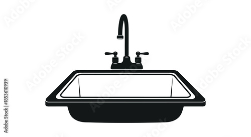 A minimalist depiction of a modern sink with faucet and basin presented as a silhouette