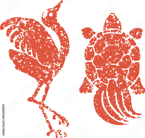 Japanese New Year lucky charm illustration set: Crane and turtle. Traditional monochrome silhouettes for longevity.