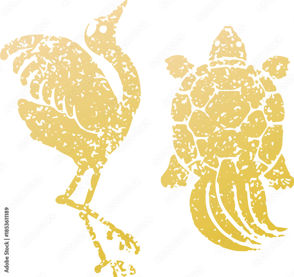Obraz premium Japanese New Year lucky charm illustration set: Crane and turtle. Traditional monochrome silhouettes for longevity.