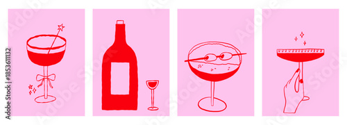 Whimsical Cocktail Martini and Wine Glass with Bow Set. Hand Drawn Doodle Illustration for Wedding and Poster Decor. Vector Drawing