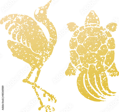 Japanese New Year lucky charm illustration set: Crane and turtle. Traditional monochrome silhouettes for longevity.
