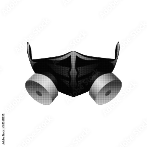 Black and white halftone illustration of a protective respirator mask with filters. Industrial safety equipment icon for health, pollution, hazard, construction, and protection concept designs.
