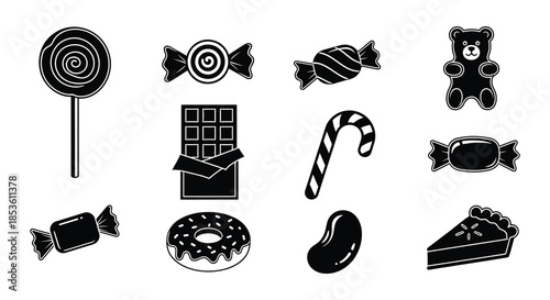 Black and white illustration of various candies a donut and a teddy bear