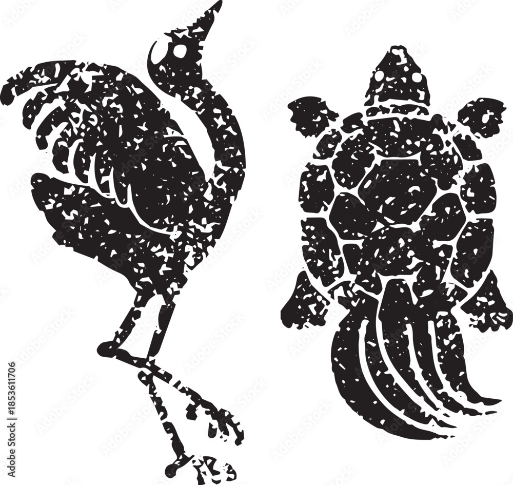 Obraz premium Japanese New Year lucky charm illustration set: Crane and turtle. Traditional monochrome silhouettes for longevity.