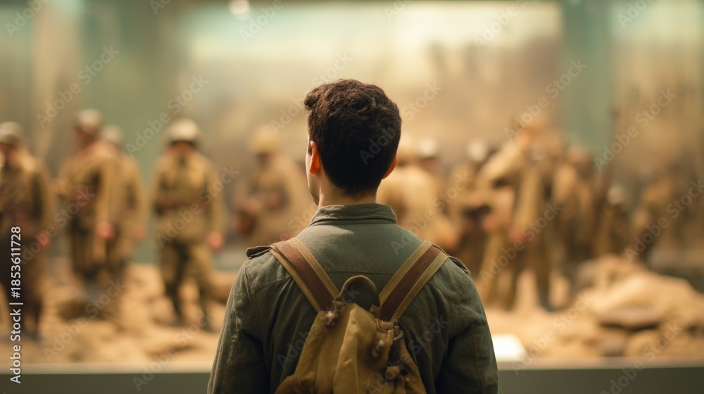 Fototapeta premium A person observes a military exhibit in a museum setting.