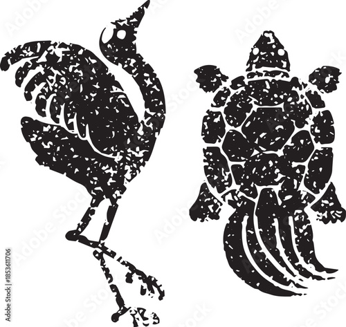 Japanese New Year lucky charm illustration set: Crane and turtle. Traditional monochrome silhouettes for longevity.