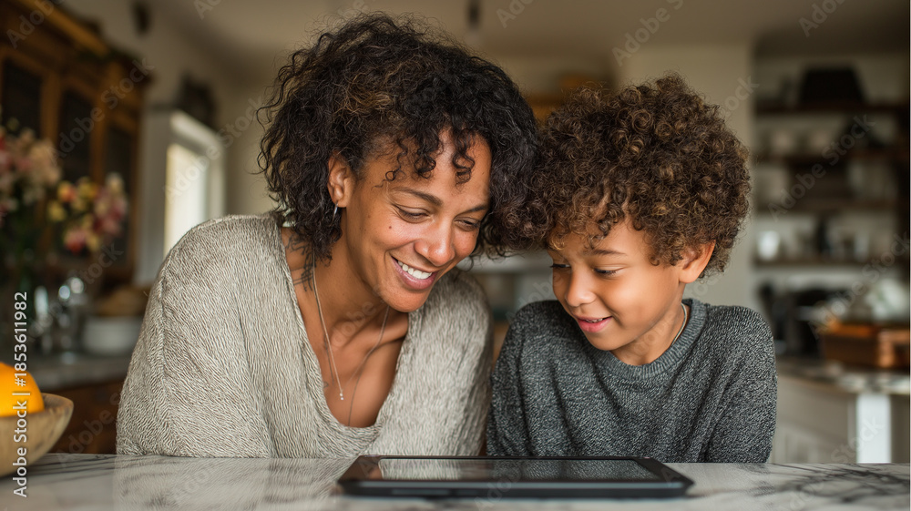 Fototapeta premium A mother and her playful son smile together while using a tablet at their kitchen table Generative AI