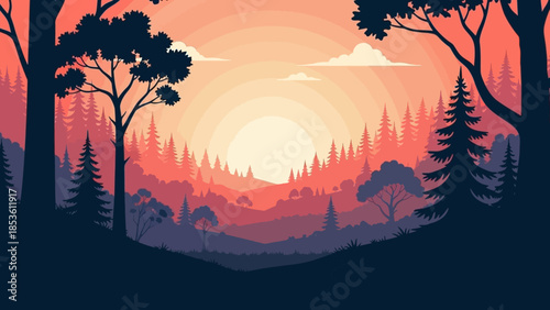 Sunset Silhouette in Forest: A breathtaking forest silhouette captures the majesty of nature as the sun dips below the horizon, painting the sky with hues of orange and red, inspiring tranquility.