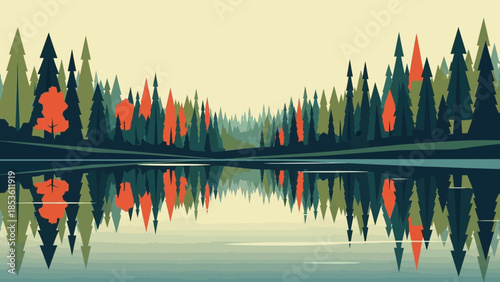 Reflective Tranquility: A serene landscape mirrors a vibrant forest, the calm waters capturing a symmetrical reflection of nature's beauty and tranquility.