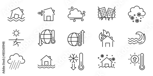Set of icons representing environmental disasters, climate change, and natural phenomena