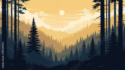 Forest Landscape at Sunset: The scene captures the essence of tranquility and serenity, a beautiful view of sun setting over a forest