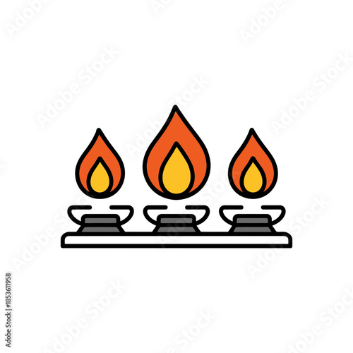 Gas stove burner with three orange fire flames for cooking icon
