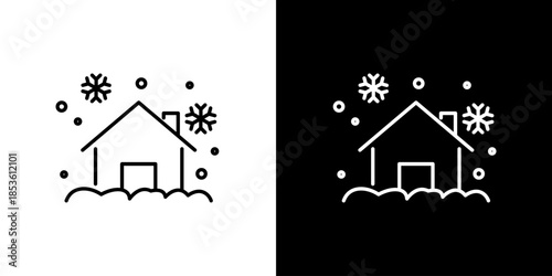 Minimalist line art icon representing a residential house during winter, surrounded by falling snow and snowdrifts, ideal for seasonal themes