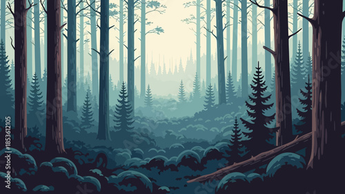 Mystical Woodland Vista: An ethereal view of a dense forest where towering trees reach towards a misty sky, their silhouettes creating a serene and mysterious atmosphere. 