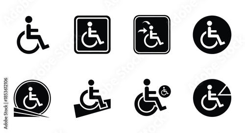 Collection of accessibility icons featuring a person in a wheelchair