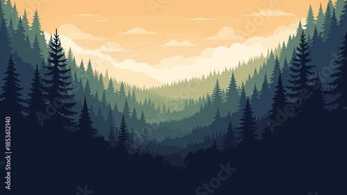 Panoramic Forest Landscape: An enchanting vista unveils a dense forest scene, where lush coniferous trees cascade across rolling hills and valleys. The landscape is a harmonious blend of green.
